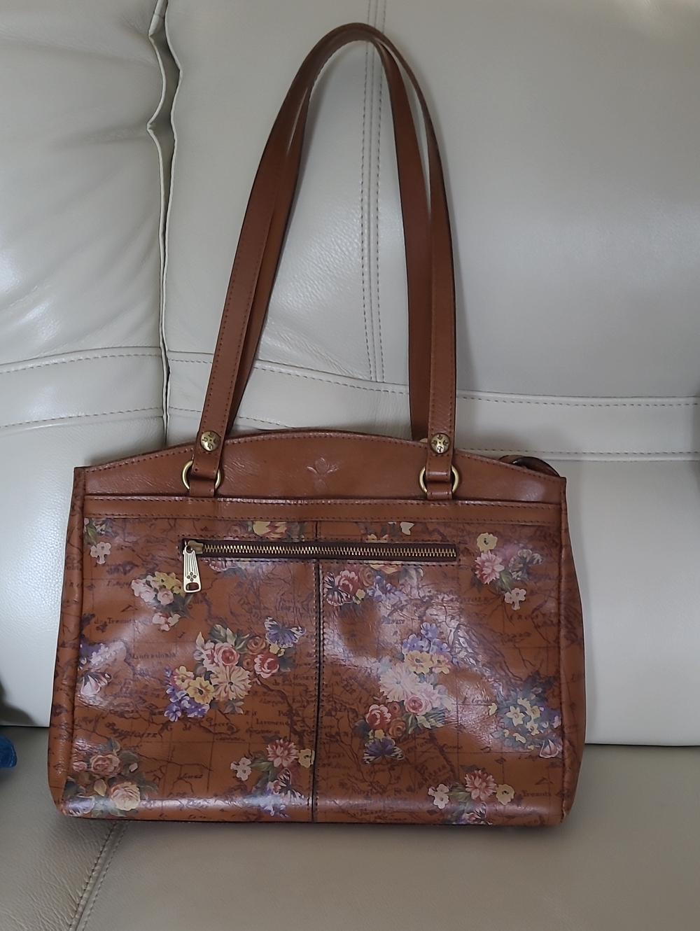 Patricia Nash Brown Floral-Print Leather Shoulder Bag